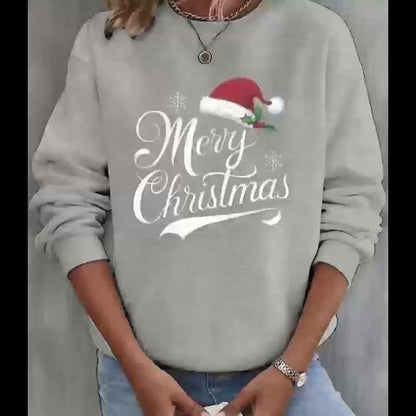 Christmas Themed Print Women'S Casual Crew Neck Sweater, Long Sleeve Pullover for Autumn/ Winter, Grey Sweatshir