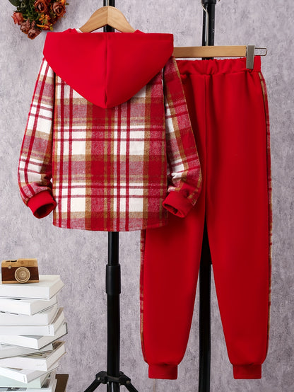 Trendy Girls' 2pcs Outfits, Plaid Hooded Shirt & Jogger Pants with Pocket, Comfy Sets Kids Clothes for Fall Sports