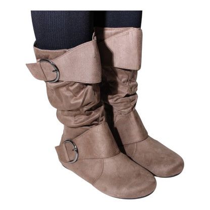 Women's Closed Round Toe Buckle Slouch Flat Heel Mid-Calf Boot