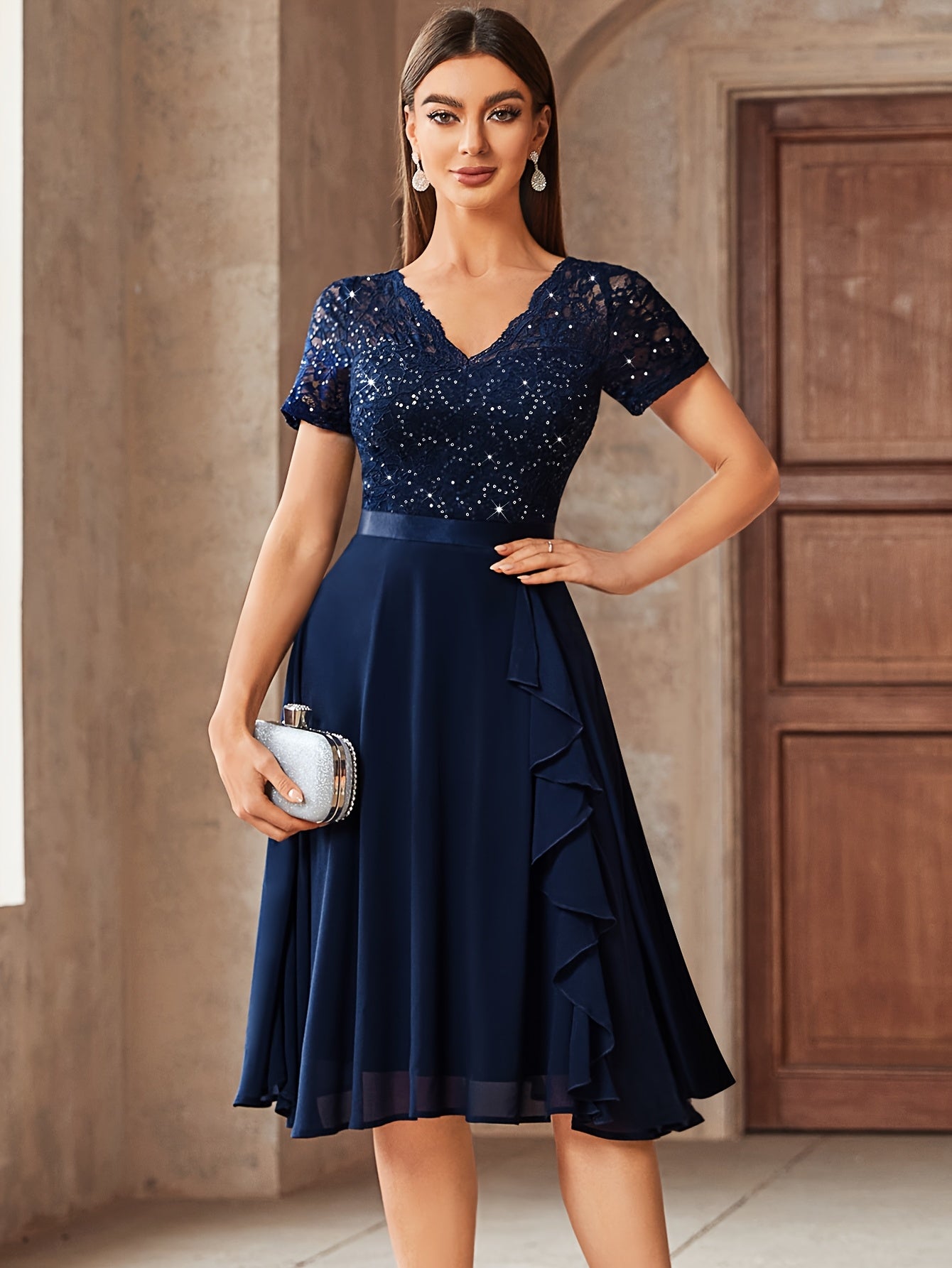 24224 Elegant Womens Sequin Lace Chiffon A Line Bridesmaid Dress, V Neck Short Sleeves, Ruched Ruffle Hem, Perfect for Graduation Season, Wedding Season, Summer Wedding Guest, Evening Party, Cruise Party And Birthday Celebration