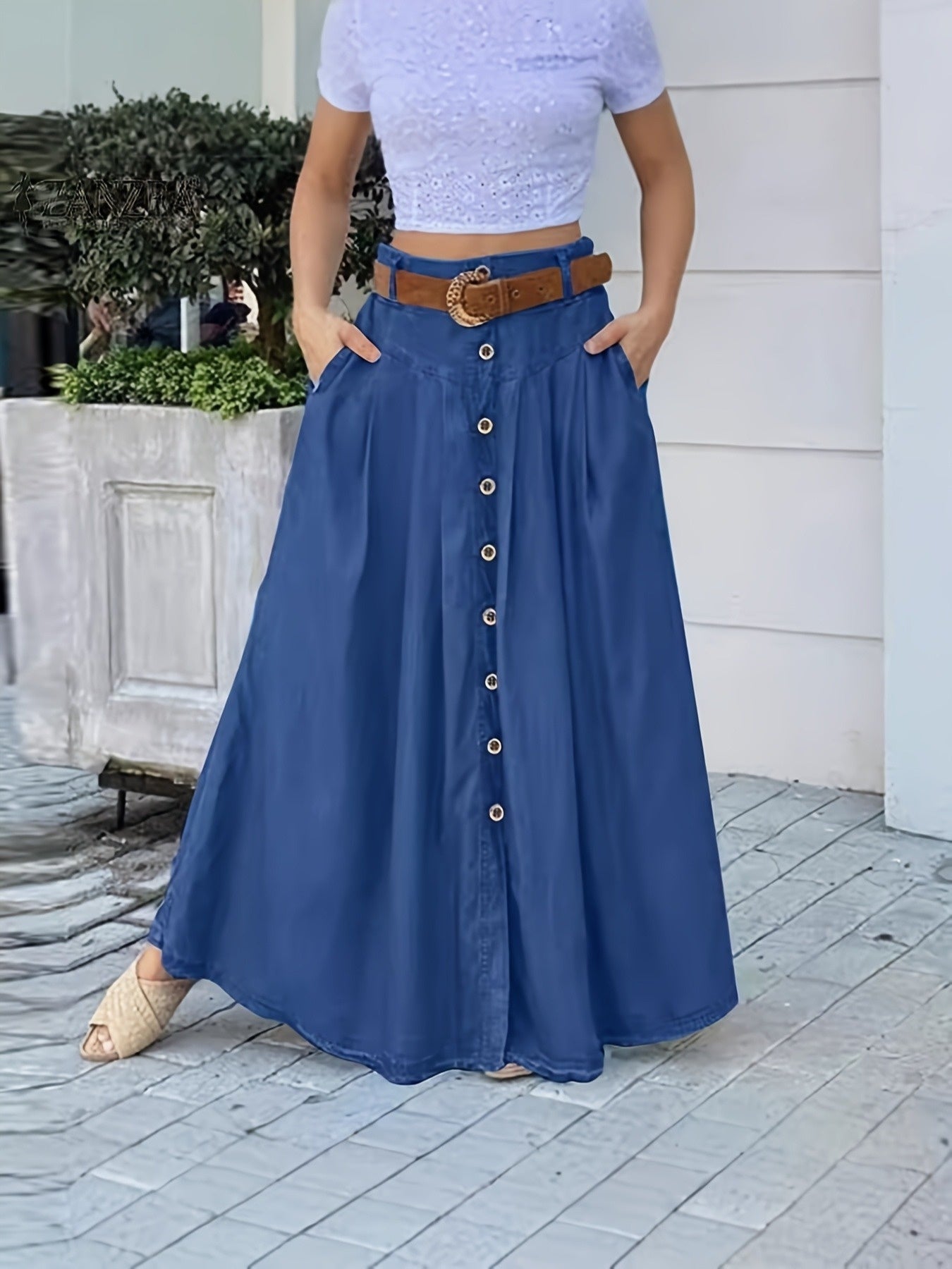 Women's Blue High Waist Button Front Denim Maxi Skirt, Slim Fit A-Line Midi Skirt for Casual/Retro Outfits