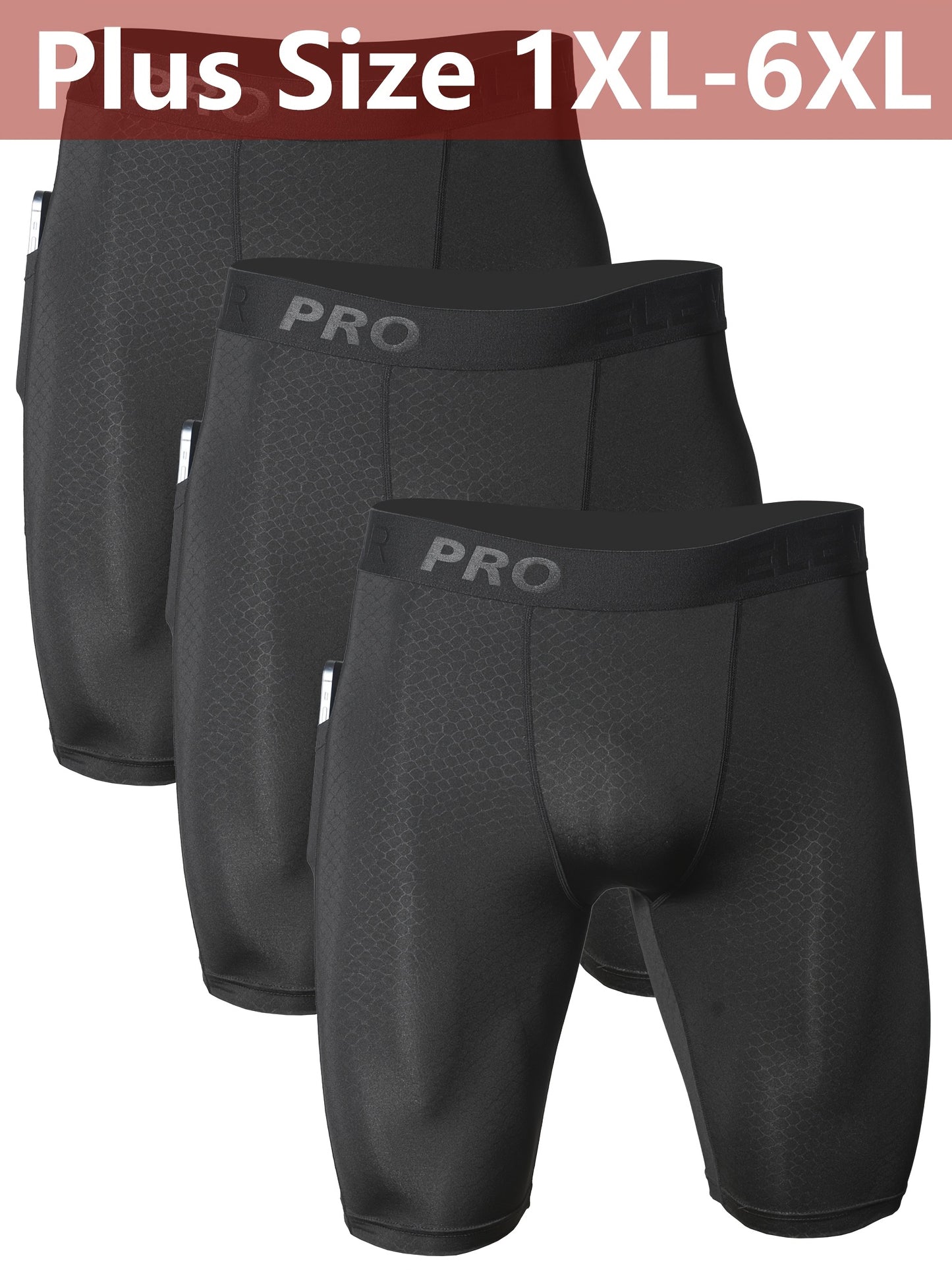 3pcs Men's Plus Size Workout Underwear & Running Gym Shorts with Side Pockets, Moisture-Wicking Quick-Dry Polyester, Snake-Light Beige Embossed Design, 1XL-6XL Sizes for Athletic Protection & Comfort, Athletic Compression | Sporty Look, PLUS SIZE
