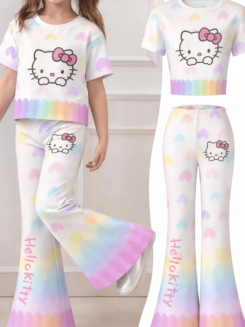 Sanrio-licensed Hello Kitty for My Melody Keroppi Pachadog Girls' Short-sleeved Top and Pants Set, Featuring a Cute Hello Kitty Printed T-shirt and Flare Pants, Perfect for Daily Wear and Outdoor Activities., Perfect for Outdoor