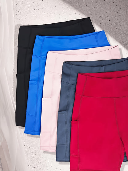 Five-piece Set Of High-waisted Women'S Cycling Shorts With Pockets, Yoga Shorts For Gym Workouts, Running, Made Of
