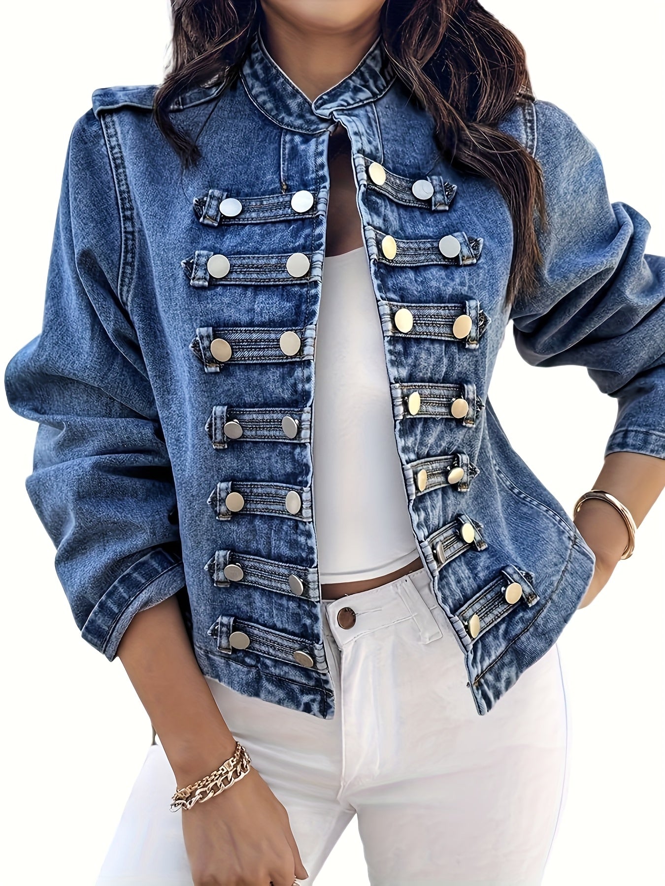 Women'S Fashion Stand-Collar Short Denim Jacket, Featuring Double-Breasted And Open Placket Design. This Classic Washed Blue Casual Denim Coat Is Suitable for Spring And Autumn Seasons As Well As Various Occasions
