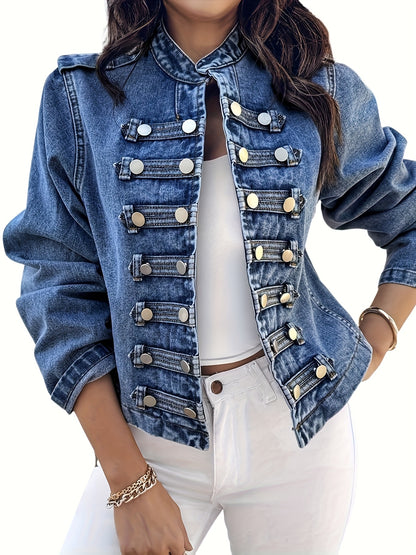 Women'S Fashion Stand-Collar Short Denim Jacket, Featuring Double-Breasted And Open Placket Design. This Classic Washed Blue Casual Denim Coat Is Suitable for Spring And Autumn Seasons As Well As Various Occasions