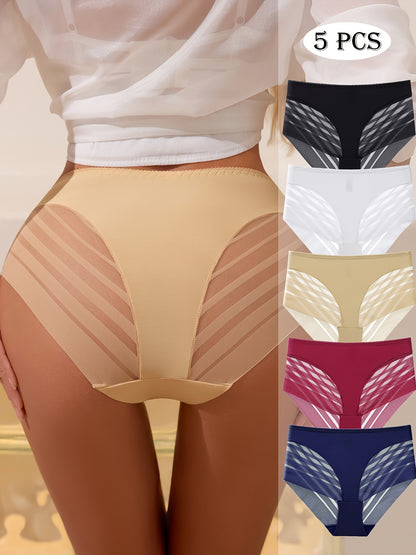 5pcs Sexy Lace Ladies Panties Mid Waist Hip Lift Breathable No Trace Comfortable Stripe Ladies Triangle Pants