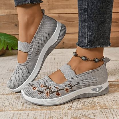Women'S Orthopedic Walking Shoes for Nurses with Arch Support- Flower Embroidered Slip On Sneakers Featuring Breathable Knit Upper, Non-Slip Sole and Plush for All Day Comfort on Shift