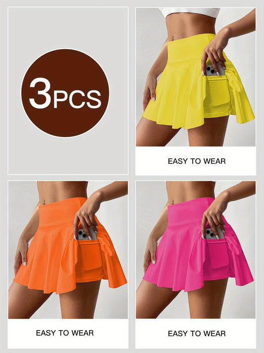 Set of 3 Women's -Line Tennis Skirts with Shorts & Pockets - Solid Color Athletic Skorts Suitable for Golf, Short Hems, Machine Washable, Spring Summer Fall Sports Outfits for Tennis, Casual Wear