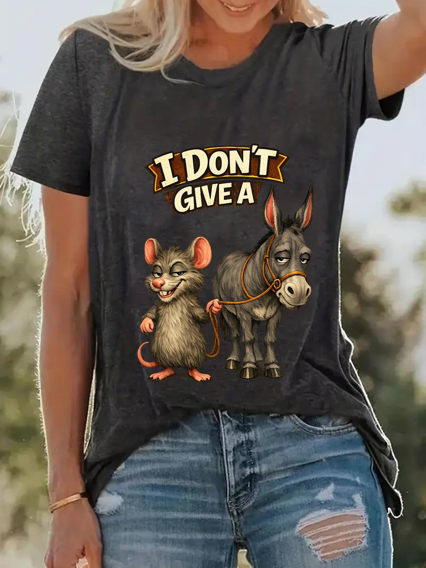 Humorous And Satirical Mouse And Donkey Meme T-Shirt - "I Don'T Care" Design Featuring Donkey And Mouse Characters - Women'S Universal Soft And Breathable Top - Casual Meme T-Shirt for Adult Women