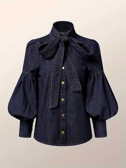 [Printed Pants - Not Denim Fabric]Women Fashion Bow Design High Neck Blouses 2024 New Spring Autumn Puff Sleeves Imitation Denim Casual Office Shirts Tops