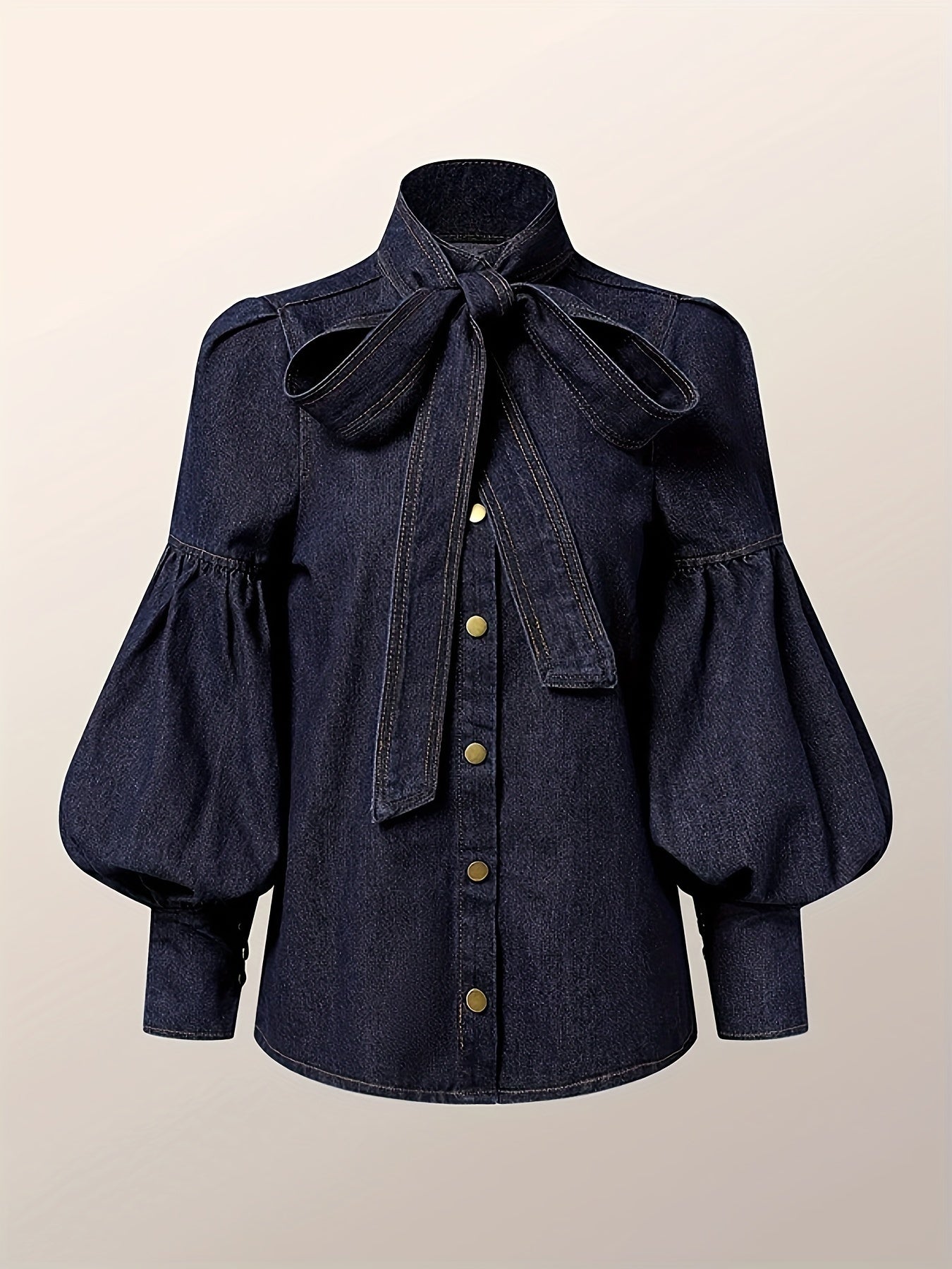 [Printed Pants - Not Denim Fabric]Women Fashion Bow Design High Neck Blouses 2024 New Spring Autumn Puff Sleeves Imitation Denim Casual Office Shirts Tops