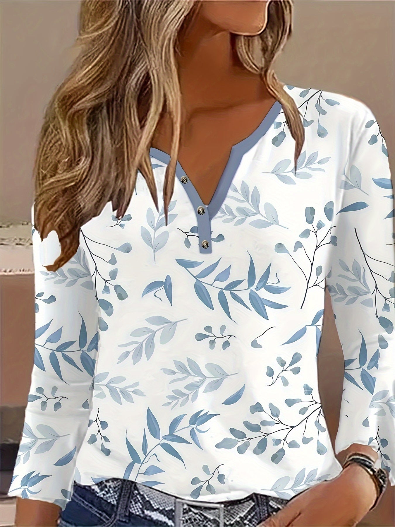 Spring And Autumn New Style Buttoned Leaf Print Casual Long-sleeved T-shirt