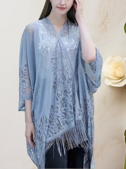 Woman's Plus Size Boho Cover Up, Lace Kimono, Women's Plus Floral Lace Batwing Sleeve Cover-Up, Open Front Tassel Trim Kimono, Lightweight Beach Cover Up