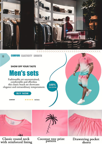 Men's stylish sportswear two piece set, casual crew neck t-shirt and shorts, 100% polyester, full coverage print, slight stretch, regular fit, summer sweatshirt
