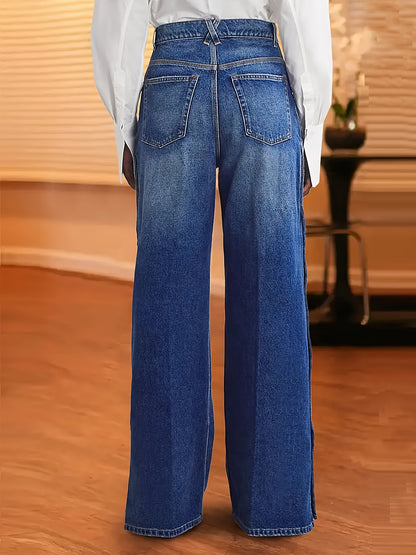 Wide Leg Denim Jeans with Side Snap Buttons, High Rise, Classic Blue Wash