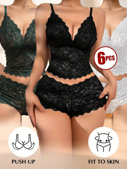6-Pack Women's Bra and Panty Lingerie Set - Floral Lace Coordinated Style
