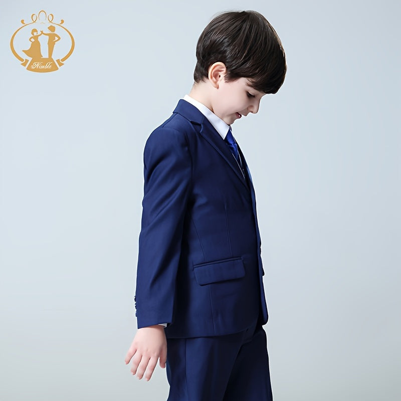 NIMBLE Boys Formal Suit Set Jacket Vest Trousers 3pcs 3-13Y Children Party Clothes Host Wedding Available In Four Colors Blue Black Khaki Navy Blue