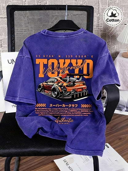 Spring And Summer Racing Pattern Men'S T-Shirt Top, Micro Elastic Fit, Washed with Water to Make Old, Breathable Black Round Neck Short Sleeved T-Shirt, Daily Casual Street T-Shirt Top