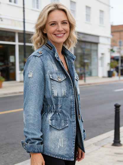 [Denim Jacket Women] Denim Jacket for Women with a Short Round Neck And Three-Quarter Sleeves, Perfect for Casual Daily Outfits, Shopping, And Spring to Autumn Wear, Available in Sizes S to XXL
