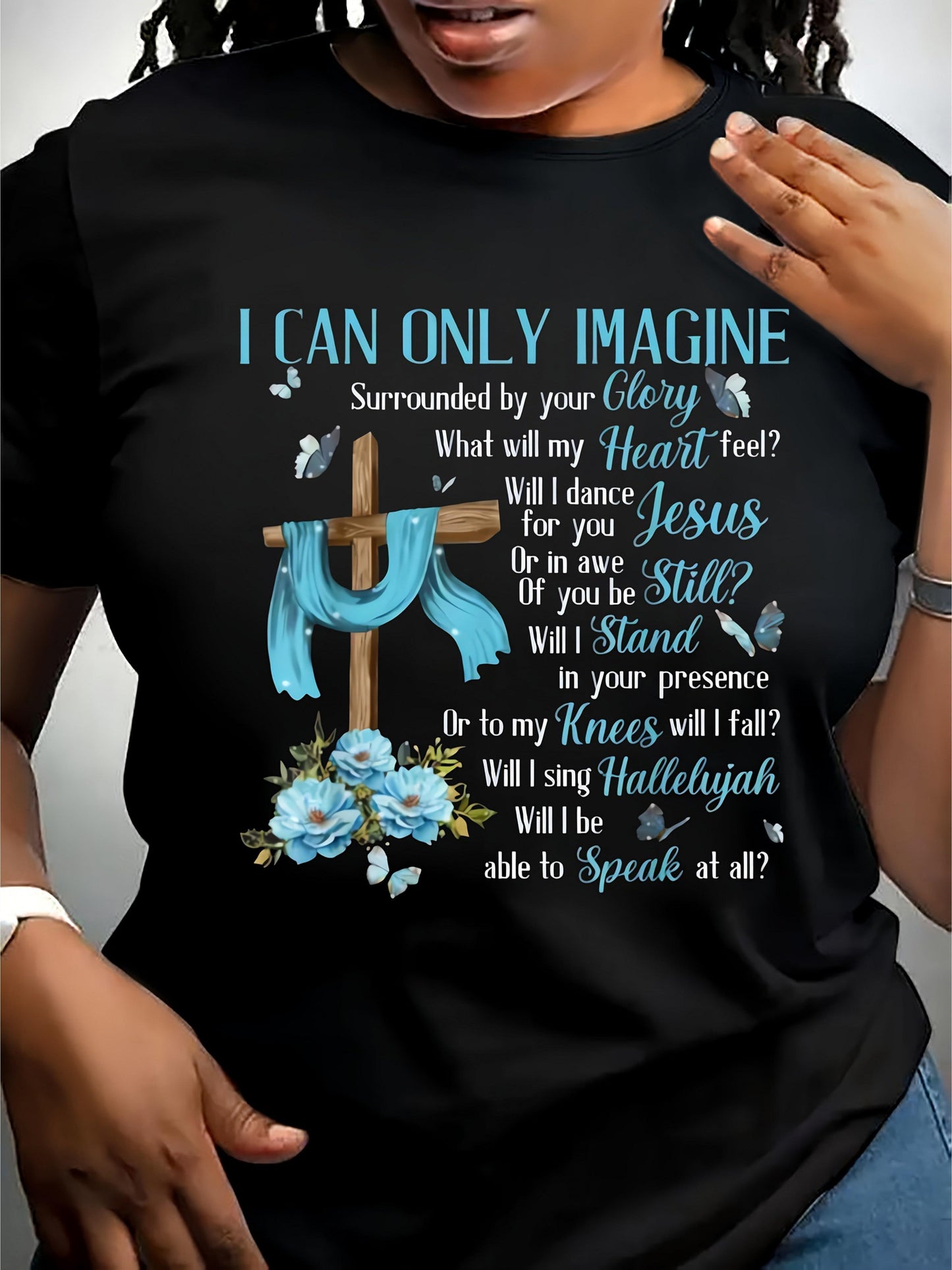 Plus Size - Plus Size - Women'S Inspirational Christian T-Shirt - Featuring The Lyrics "I Can Only Imagine", Casual Round Neck Short Sleeve Top with a Cross And Blue Floral Design, Machine Washable, Stylish for Spring And Summer