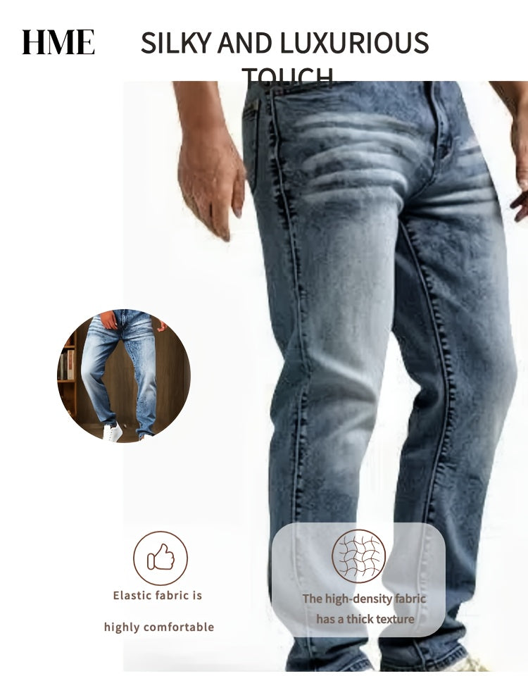 [HME] Men's Stretch Slim-fit Denim Trousers, Retro Washed Blue with Natural Whitening, Classic Five-pocket Style, Mid-waist Design with A Small Straight Leg, Simple And Versatile, Suitable for All Occasions, Essential Jeans for Daily Casual Wear