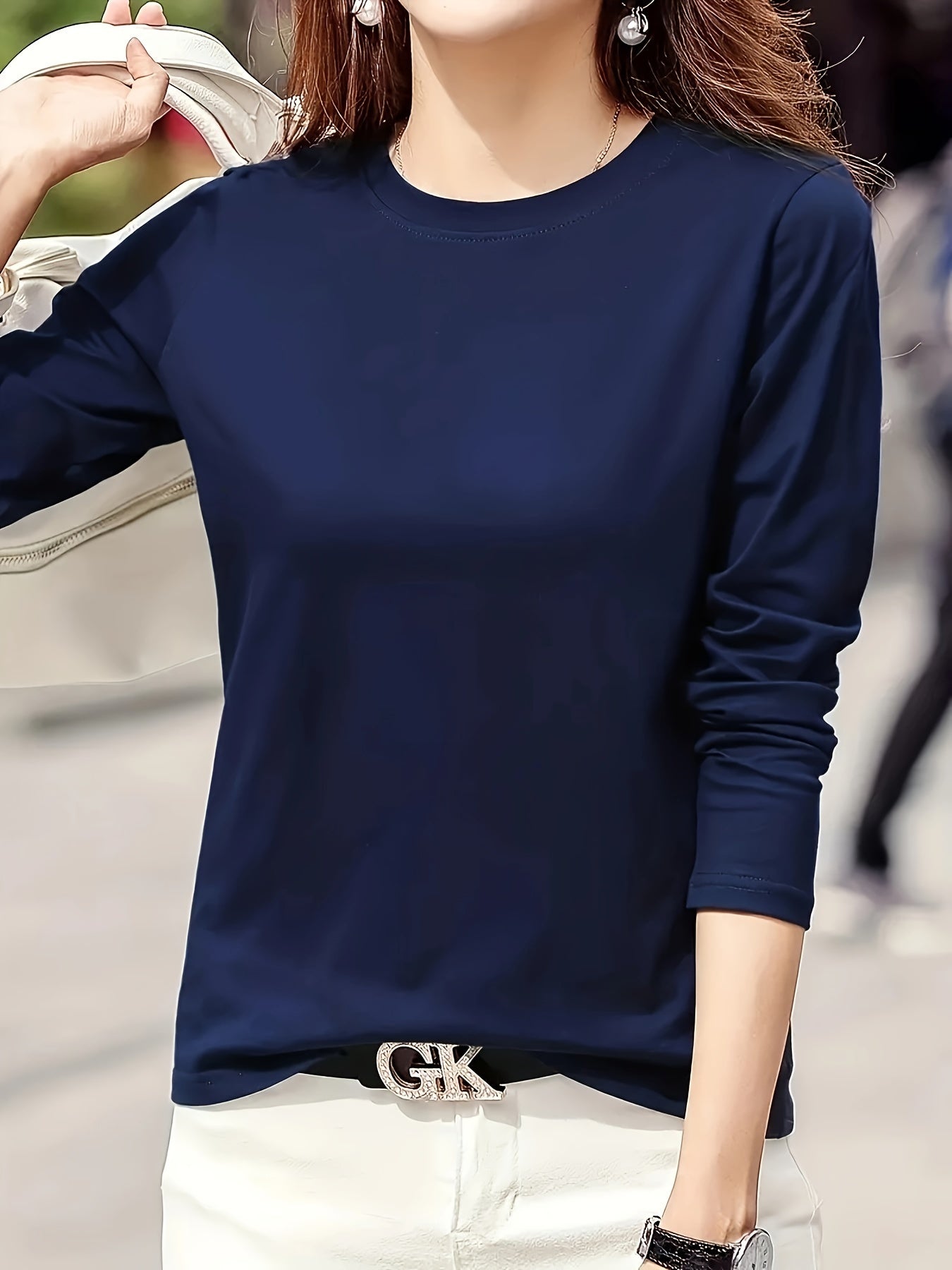 Women's Elegant Crew Neck T-Shirt, 100% Polyester Fabric, High Stretch Solid Color Top, Regular Length, 180gsm - Spring/Summer Fashion