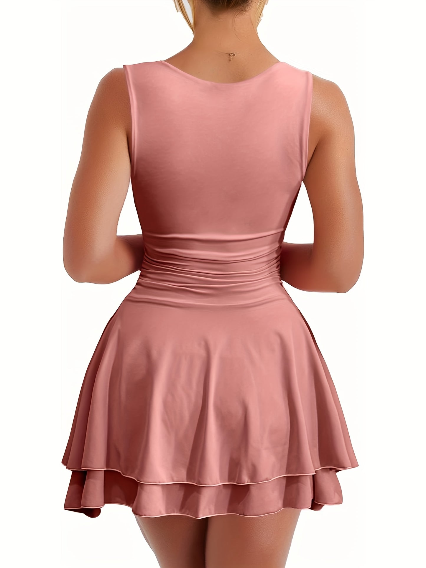 Women'S Square Neck Ruffle Hem Mini Dress Pleated Waist Short Party Dress