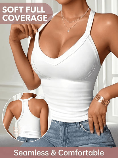 3pcs Women'S Ribbed V-neck Vest, Comfortable, Breathable, Sexy, Slim Fit, Sleeveless Suspender, Sports Vest