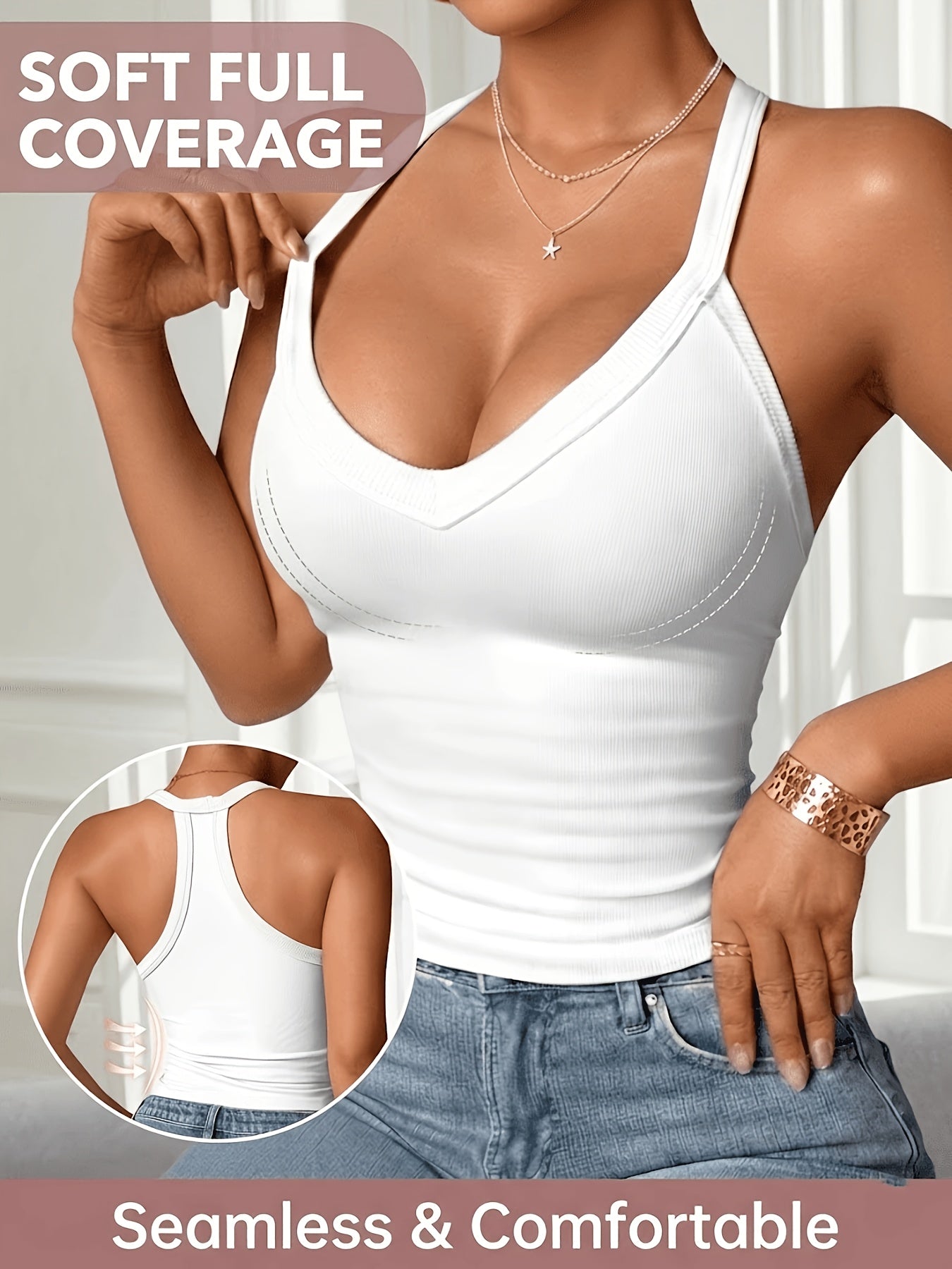 3pcs Women'S Ribbed V-neck Vest, Comfortable, Breathable, Sexy, Slim Fit, Sleeveless Suspender, Sports Vest