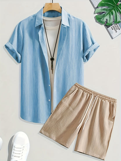 Set of 2pcs for Men Including a Solid Color Short Sleeve Shirt with a Single Button And Matching Pants, Perfect for Casual Wear