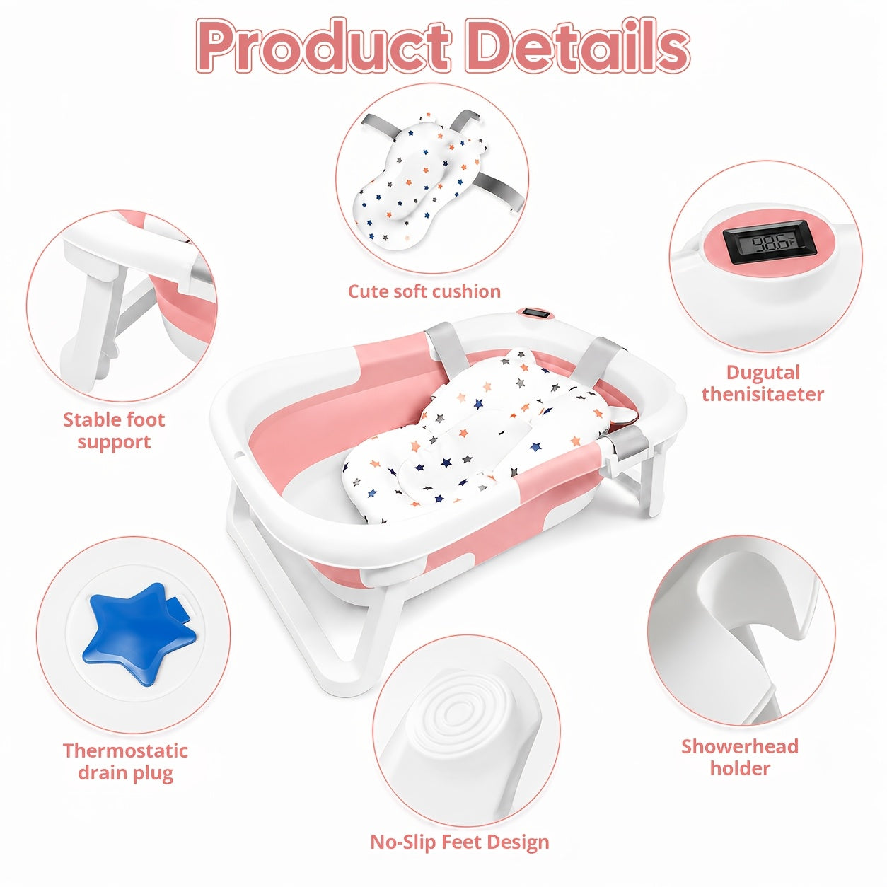Cochildor Collapsible Baby Bathtub, Baby Bath Tub with Soft Cushion & Thermometer, Baby Bathtub for Newborn to Toddler 0-36 Months, Portable Travel Baby Tub, Easy-Clean Plastic, Pink And Gray/Blue, Bathtub for Baby, Playful Design, Easy-Grip Handles