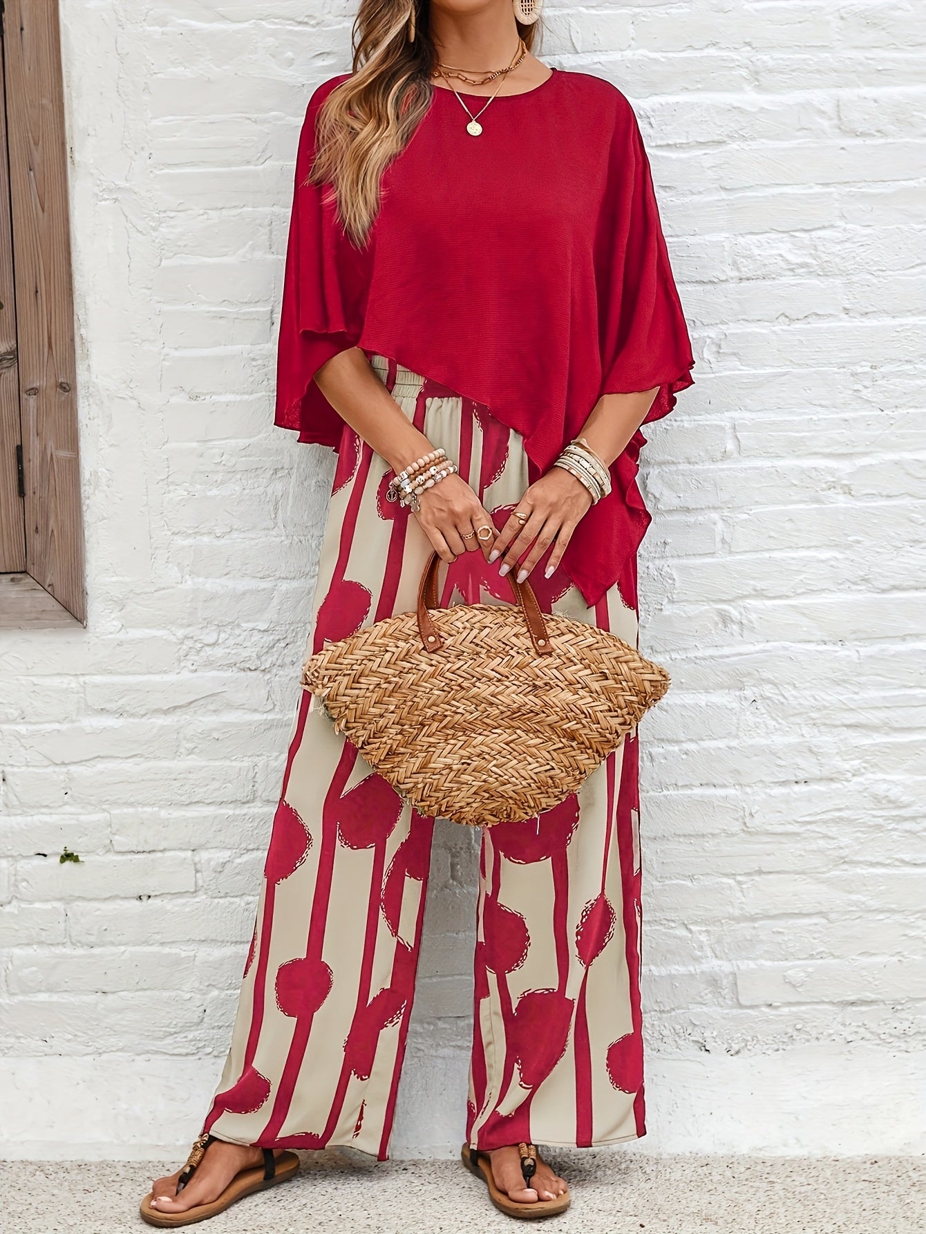 Women's Solid Crew Asymmetrical Hem Shirt And Full Body Print Pant Set