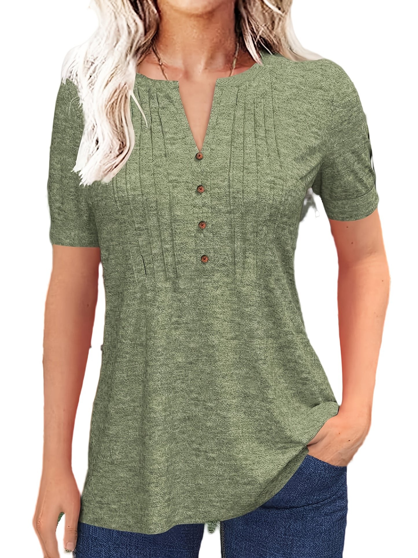 Casual Short-Sleeve T-Shirt for Women, Featuring a Pleated Design And V-Neck in Solid Colors, Perfect for Summer