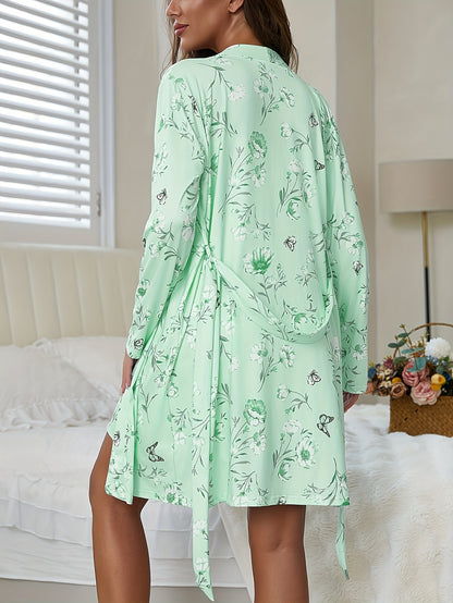 Women'S Floral Print Lace-Trimmed Slip Dress & Long Sleeve Robe Set - 2pcs Casual And Comfortable Pajamas Set