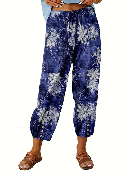 FOEIERAA 3pcs Women's High Waist Jogger Pants, Elastic Waist Retro Print, Loose Comfortable Casual Trousers for Outdoor Commute