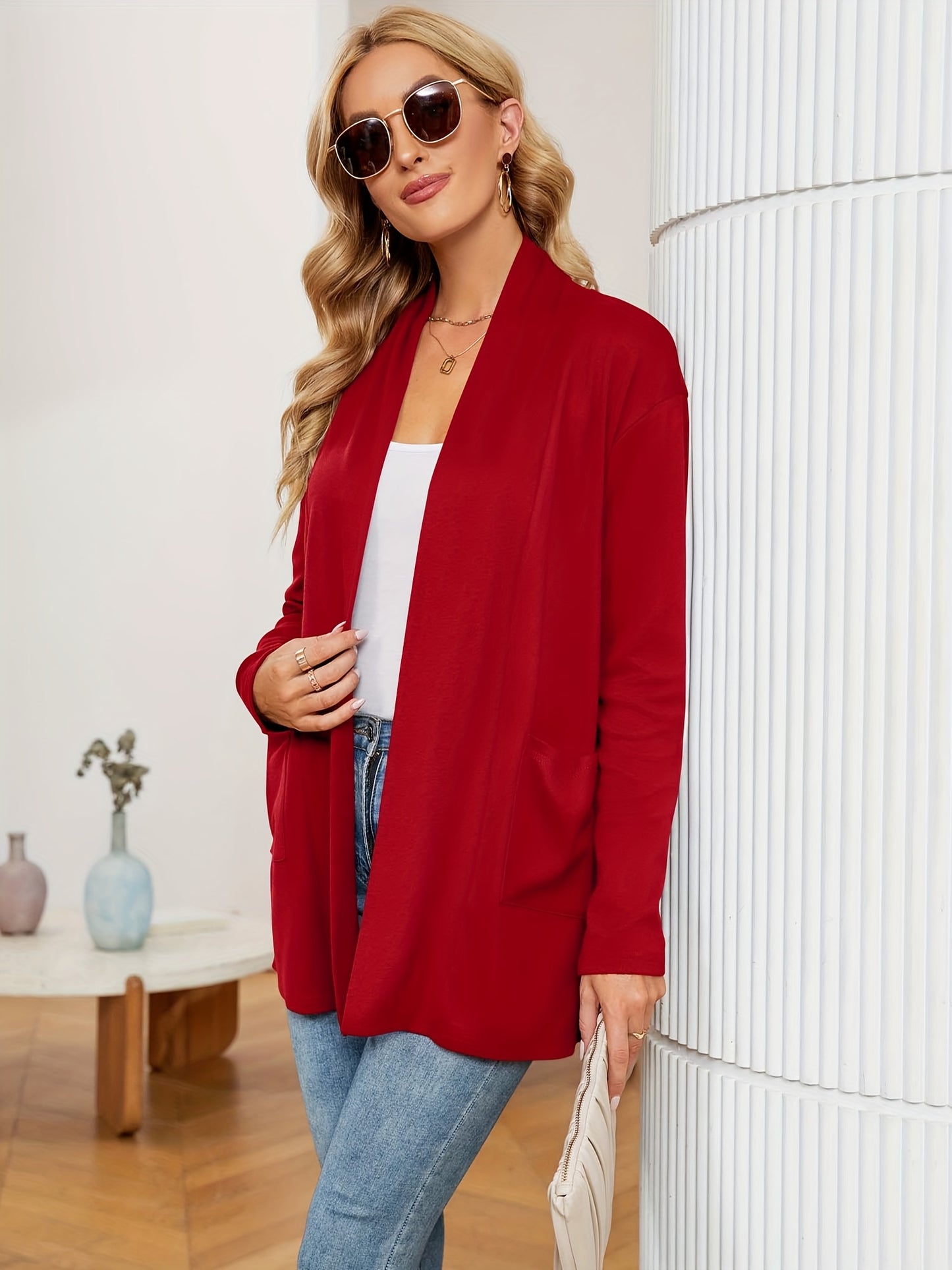 Spring And Autumn Women'S New Casual Solid Color Open Placket Double Pocket Design Simple Cardigan Jacket Comfortable Loose Long Sleeve Cardigan