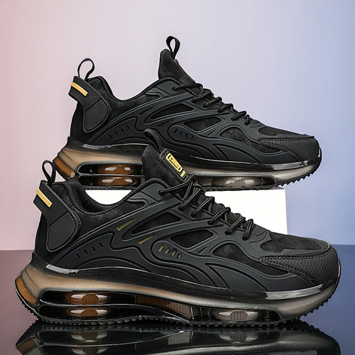 Men's Lightweight Thickened Soft Sole Sneakers - All-Season Comfort, Lightweight & Comfortable - Suitable for Hiking & Walking, Arch Support & Air Cushion Technology-Low-Cut Special Black/White with Golden Accents Upper & Durable Sole,