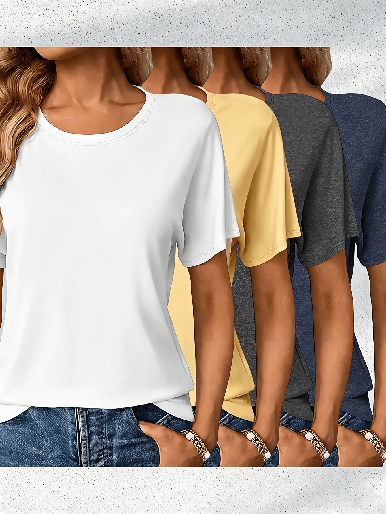 4pcs Women's Casual Rayon Short Sleeve T-Shirts- Pink, Olive Green, Dark Gray, and Brown Solid Color Crew Neck Tops, Machine Washable Four Seasons Comfortable Version, Women's T-Shirts