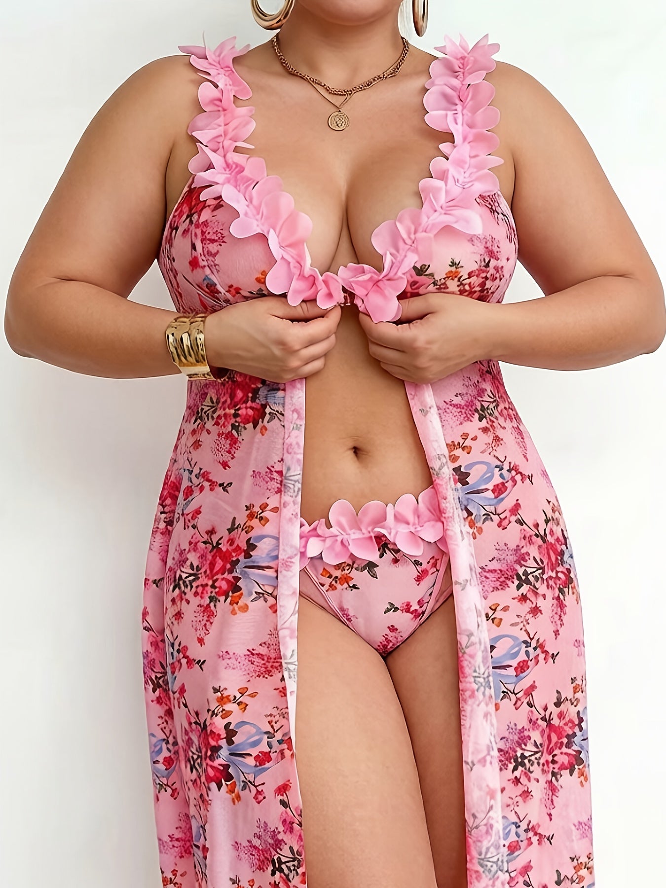 Plus Size Pink Three-Dimensional Petal Fun Set Floral Print Long High Slit Nightdress Beach Vacation Essential
