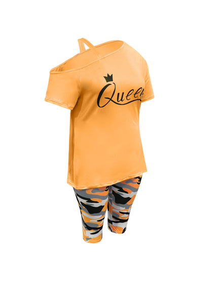 Plus Size - Ladies Plus Size Daily Casual One-Shoulder Short Sleeve Two-Piece Outfit, Diagonal Shoulder Design, Slim Fit Camouflage Pants Suit With Letter Print.