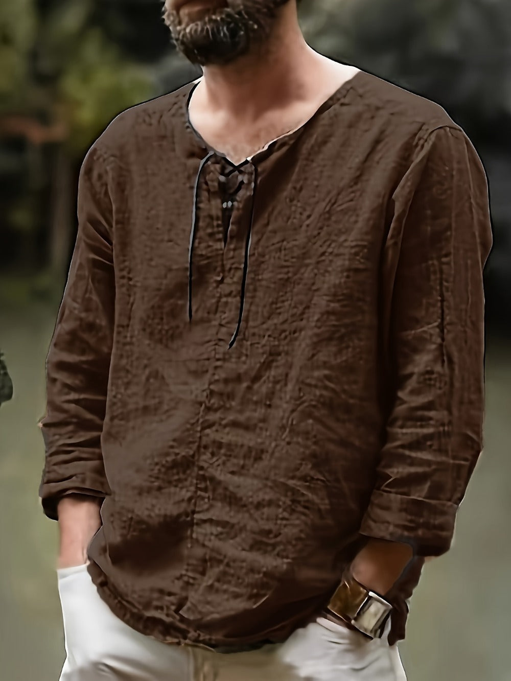 Men's Lace Detail Casual Shirt - V-Neck Long Sleeve