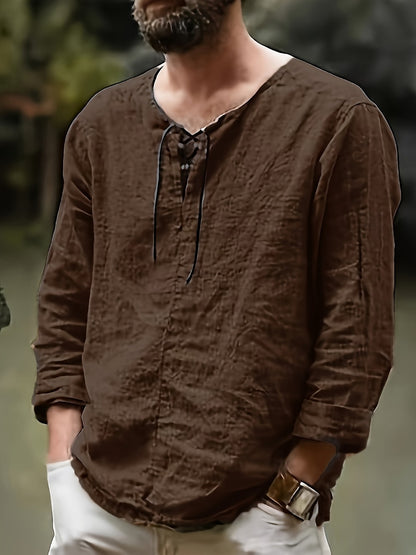 Men's Lace Detail Casual Shirt - V-Neck Long Sleeve