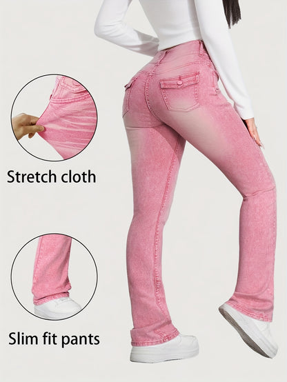 Plus Size for Women | Cute Pink Jeans | Y2K Fashionable | Slim-Fitting Style | with Pocket | Comfortable Jeans | Elastic Denim