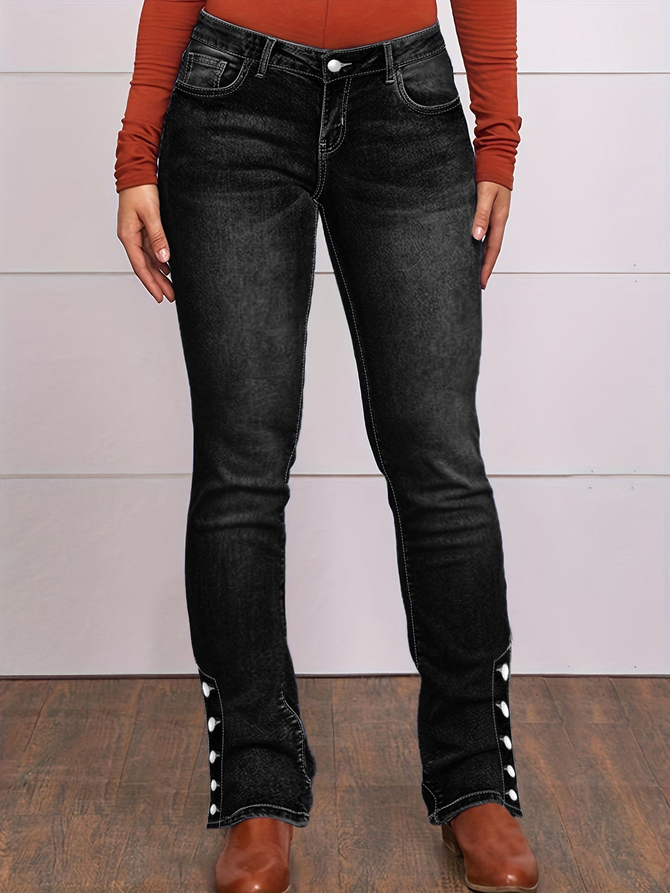 Women's Plus Size High-Waisted Stretch Denim Pants - Beltless Button-Fly Waist & Flared Hem, Elastic Solid Blue Trousers Suitable for Casual Travel,, Casual Attire, Machine Washable Mature Style All-Year (No Required)