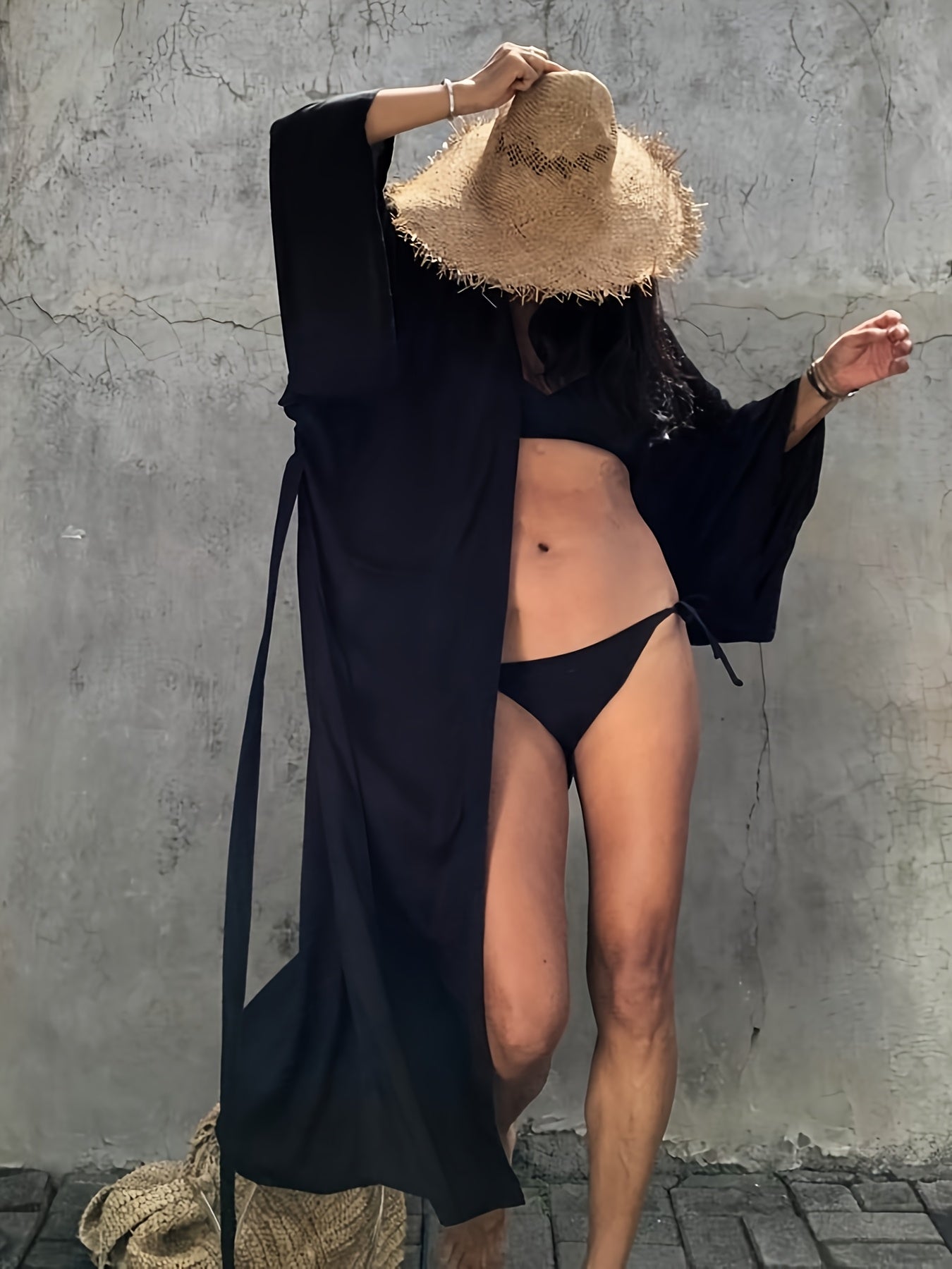 Women's Beige Kimono Cardigan - Casual V-Neck, Long Sleeve with Tie Waist, Lightweight Beach Cover-Up Dress, Breathable & Semi-Sheer for Vacation Layering, Casual Layering Piece|Flowing Beachwear|Breathable Fabric