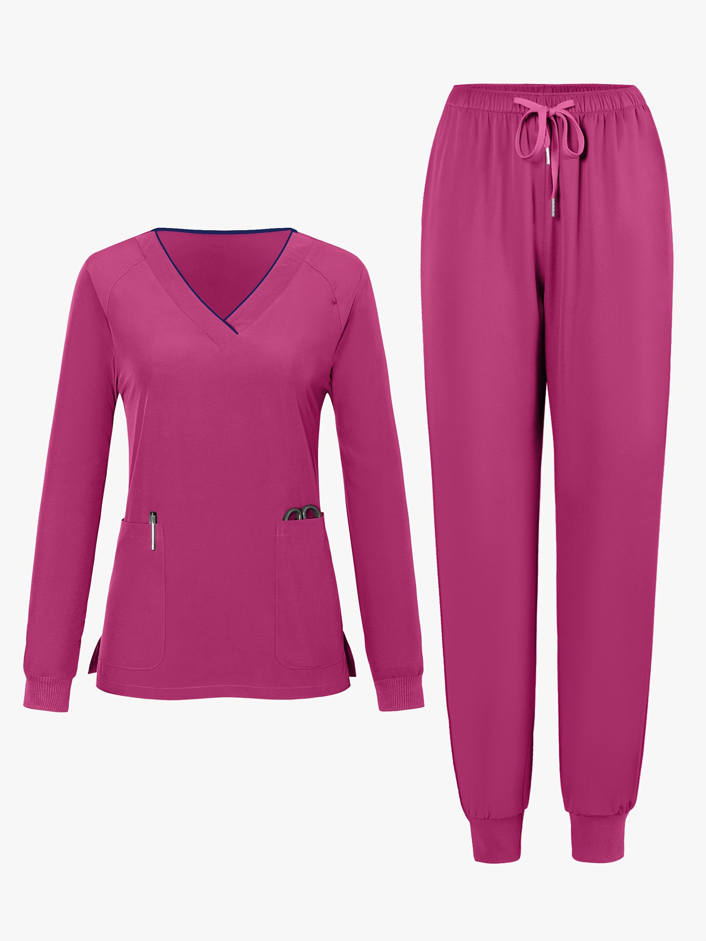 2pcs Women's V-Neck Matte Suit with Long Sleeve Stretch S Uniform Work Clothes Washable Pockets Breathable Elastic Top And Waist Cord Pocket Pants Set