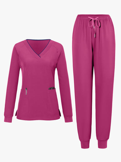 2pcs Women's V-Neck Matte Suit with Long Sleeve Stretch S Uniform Work Clothes Washable Pockets Breathable Elastic Top And Waist Cord Pocket Pants Set