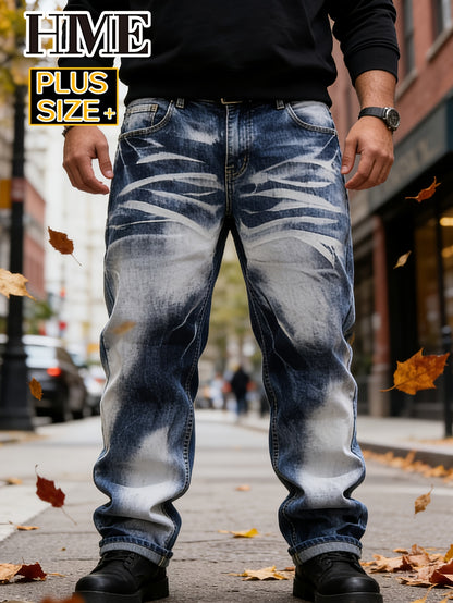 [HME]Men's Plus Size Denim Pants, Slim-Fit Straight Cuts, Extra Large & Wide Sizes 1XL-6XL for Big Guys, Perfect for Outdoor, Casual, And Daily Wear, Trendy Street Style, Distressed Washed Denim, PLUS SIZE