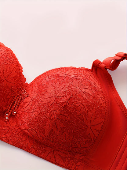5pcs Pink Lace Full-Cup Wire-Free Bras - Medium Support, Comfortable Wide Straps, Leaf Pattern Embroidery & Elegant Rhinestone Accents, Adjustable Straps